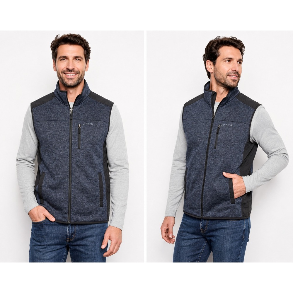Orvis Hybrid Sweater Fleece Vest Mens XL Blue Black Woven Panels Full Zip Gorp
